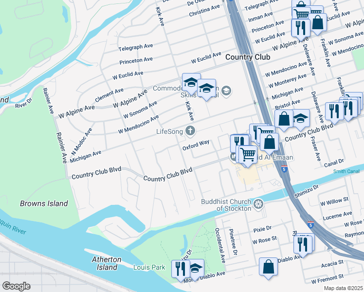 map of restaurants, bars, coffee shops, grocery stores, and more near 2511 North Oregon Avenue in Stockton