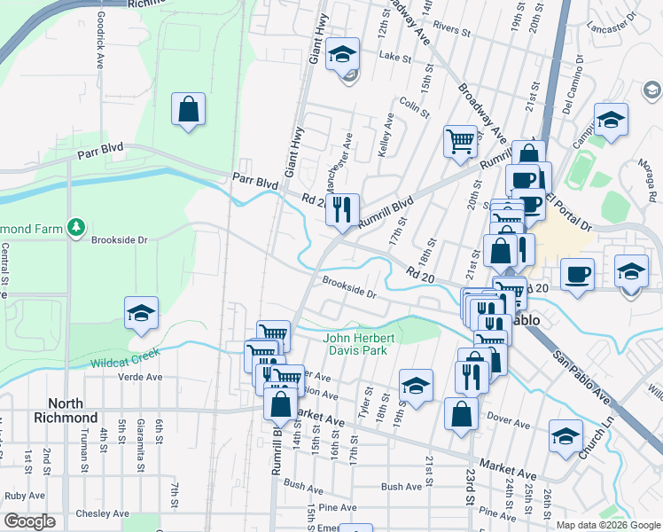 map of restaurants, bars, coffee shops, grocery stores, and more near 1439 Brookside Drive in San Pablo