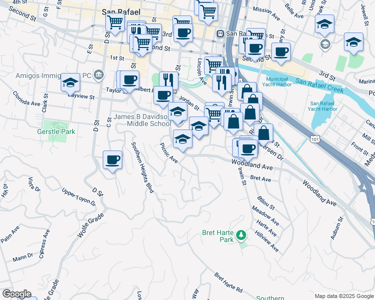 map of restaurants, bars, coffee shops, grocery stores, and more near 225 Woodland Avenue in San Rafael