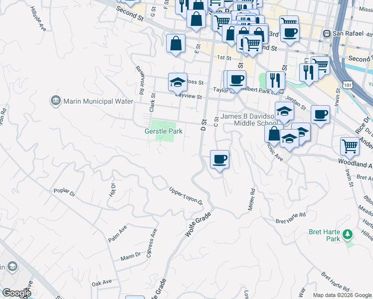 map of restaurants, bars, coffee shops, grocery stores, and more near 57 Grove Street in San Rafael