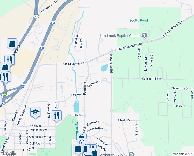 map of restaurants, bars, coffee shops, grocery stores, and more near 1320 California Drive in Rolla