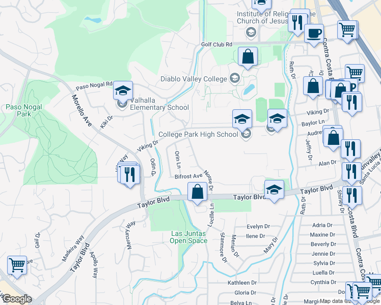 map of restaurants, bars, coffee shops, grocery stores, and more near 2152 Norse Drive in Pleasant Hill