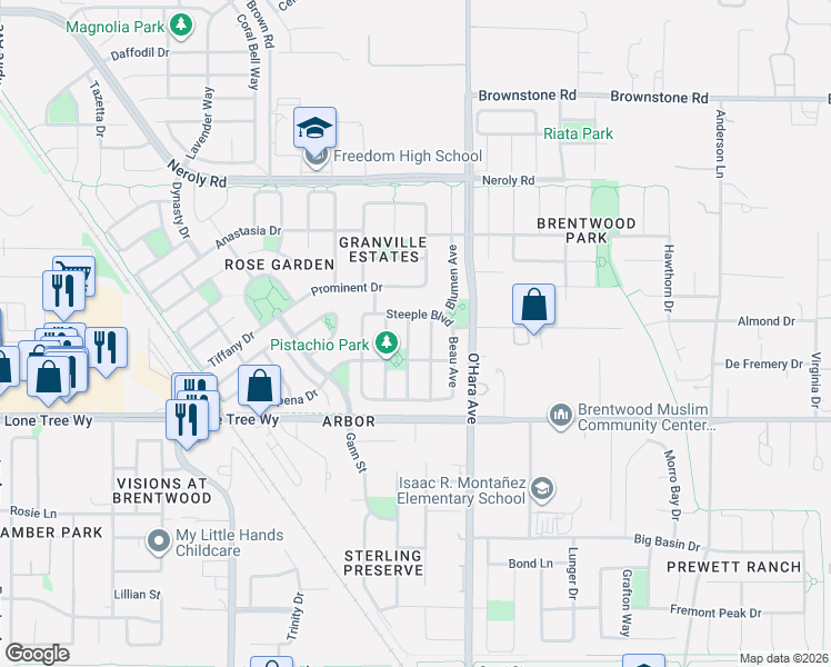 map of restaurants, bars, coffee shops, grocery stores, and more near 2616 Brookshire Street in Brentwood