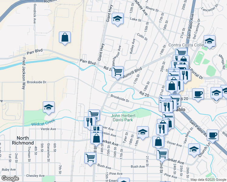 map of restaurants, bars, coffee shops, grocery stores, and more near 1439 Brookside Drive in San Pablo