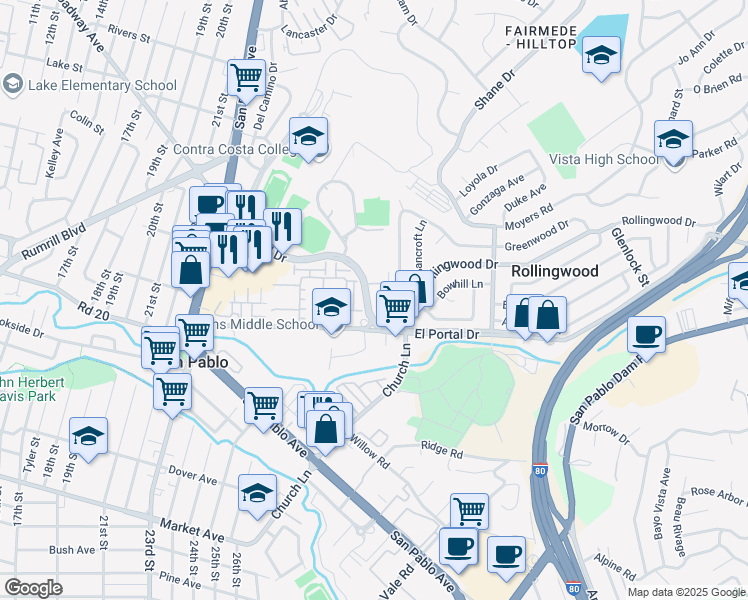 map of restaurants, bars, coffee shops, grocery stores, and more near 2567 El Portal Drive in San Pablo