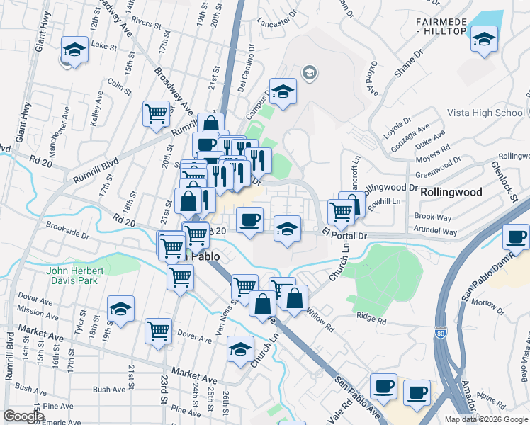 map of restaurants, bars, coffee shops, grocery stores, and more near 118 Carmel Street in San Pablo