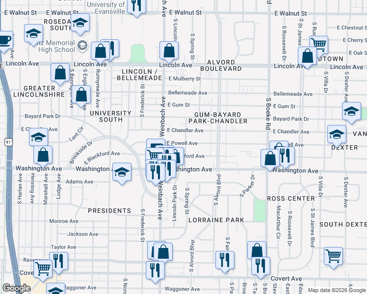 map of restaurants, bars, coffee shops, grocery stores, and more near 2027 East Blackford Avenue in Evansville