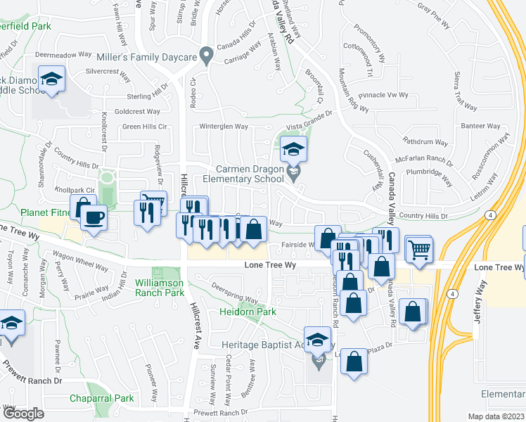 map of restaurants, bars, coffee shops, grocery stores, and more near 5124 Longdale Court in Antioch