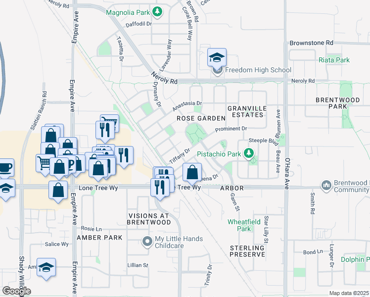 map of restaurants, bars, coffee shops, grocery stores, and more near 1347 Tiffany Drive in Brentwood