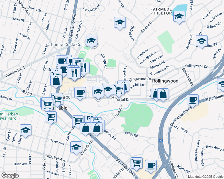 map of restaurants, bars, coffee shops, grocery stores, and more near 2567 El Portal Drive in San Pablo