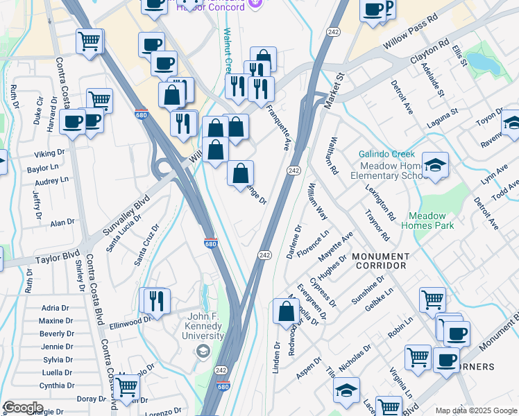 map of restaurants, bars, coffee shops, grocery stores, and more near State Highway 242 in Concord