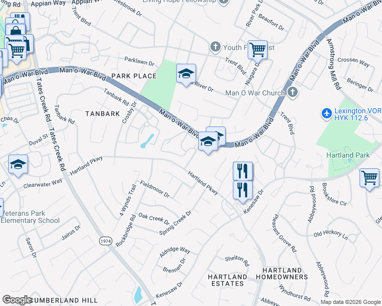 map of restaurants, bars, coffee shops, grocery stores, and more near 4624 Hartland Parkway in Lexington
