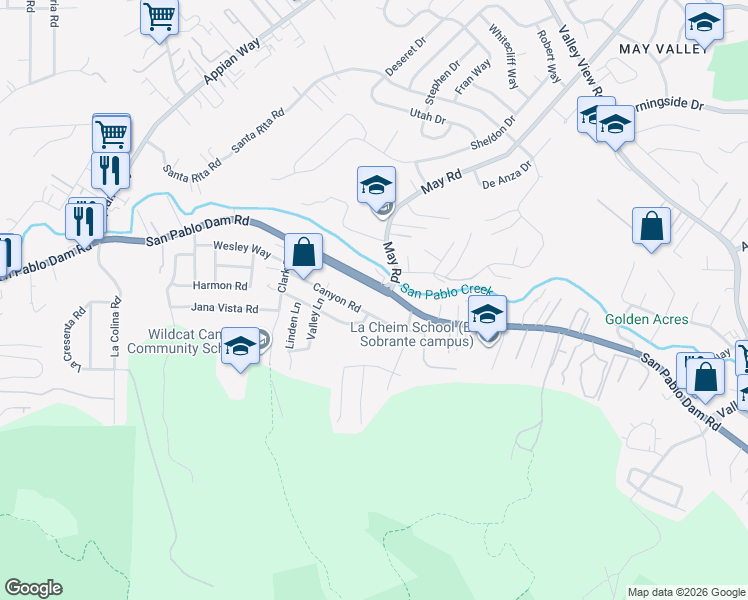 map of restaurants, bars, coffee shops, grocery stores, and more near 4706 San Pablo Dam Road in El Sobrante