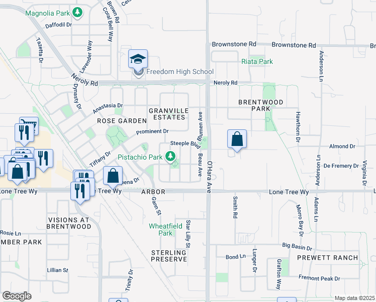map of restaurants, bars, coffee shops, grocery stores, and more near 2725 Reddington Way in Brentwood
