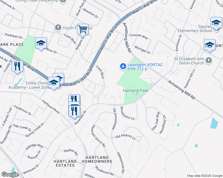 map of restaurants, bars, coffee shops, grocery stores, and more near 2209 Storey Court in Lexington