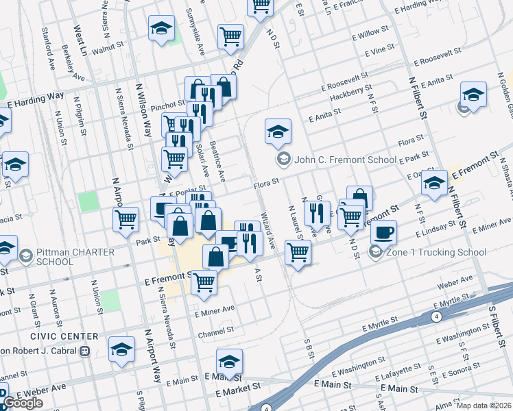 map of restaurants, bars, coffee shops, grocery stores, and more near 1932 Vicki Lane in Stockton