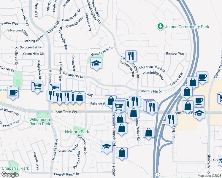 map of restaurants, bars, coffee shops, grocery stores, and more near 4901 Willowbrook Way in Antioch
