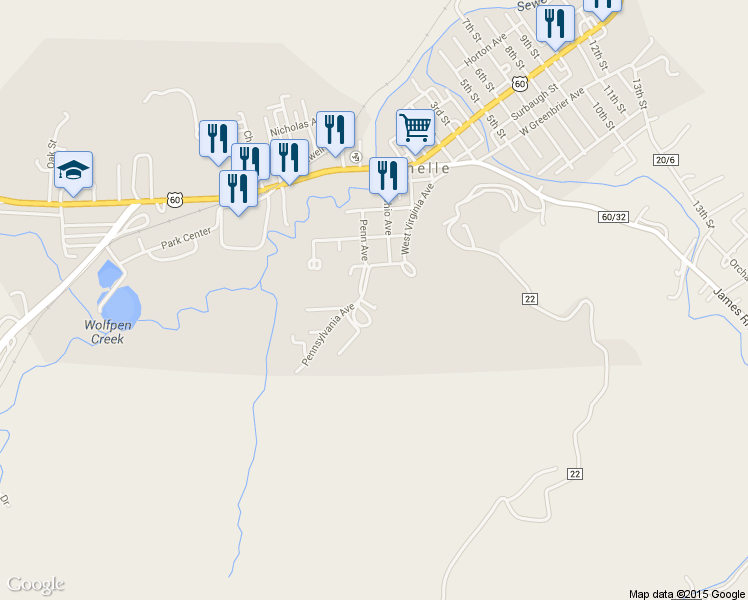 map of restaurants, bars, coffee shops, grocery stores, and more near 317 Pennsylvania Avenue in Rainelle