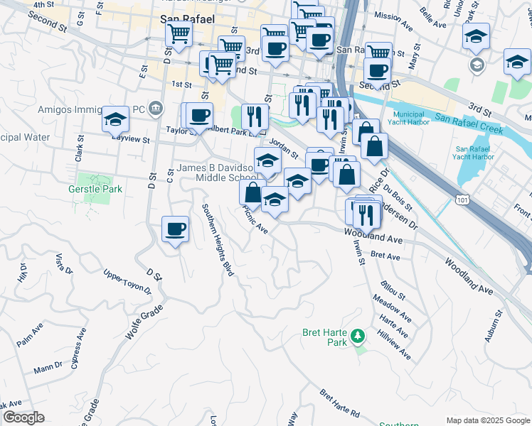 map of restaurants, bars, coffee shops, grocery stores, and more near 225 Woodland Avenue in San Rafael
