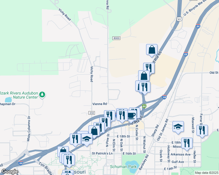map of restaurants, bars, coffee shops, grocery stores, and more near 2008 Vienna Road in Rolla
