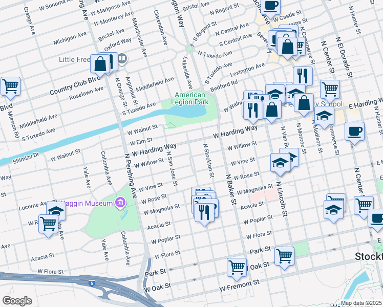 map of restaurants, bars, coffee shops, grocery stores, and more near 946 West Harding Way in Stockton