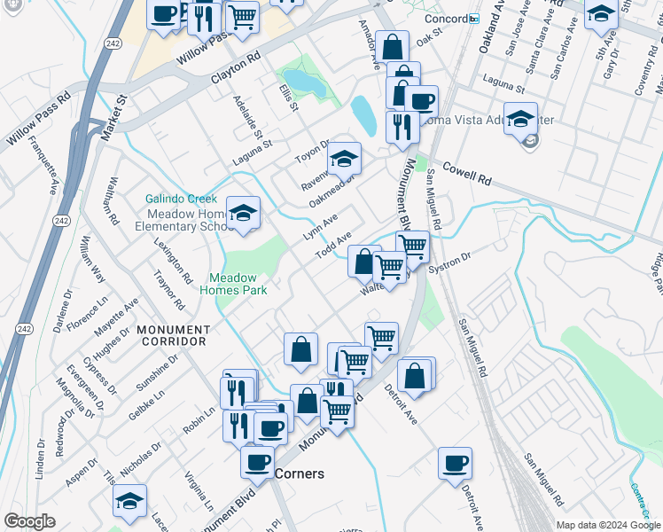 map of restaurants, bars, coffee shops, grocery stores, and more near 2534 Todd Avenue in Concord