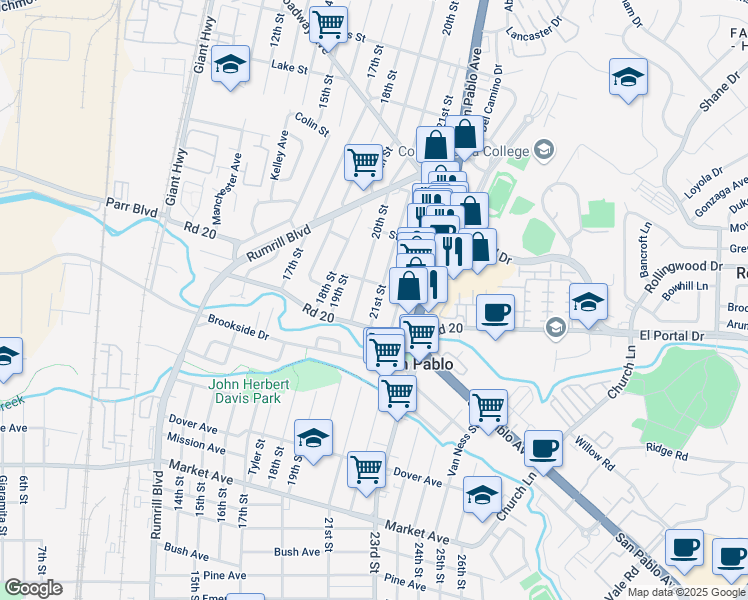 map of restaurants, bars, coffee shops, grocery stores, and more near 2099 Lovegrove Street in San Pablo