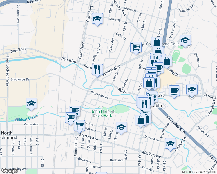 map of restaurants, bars, coffee shops, grocery stores, and more near 1341 Road 20 in San Pablo