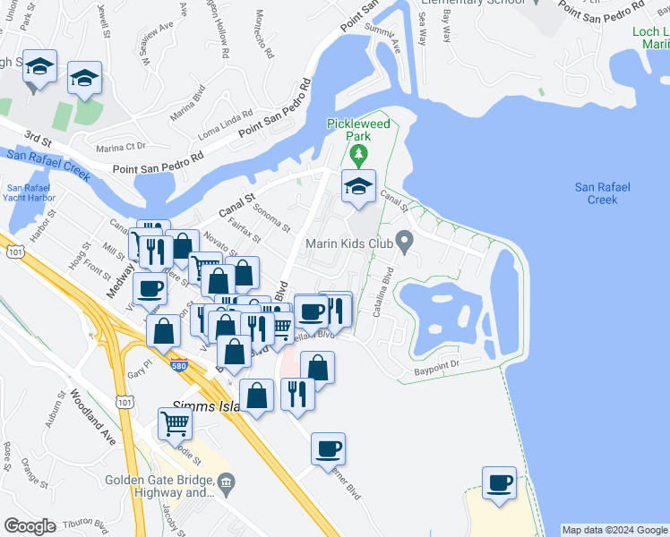 map of restaurants, bars, coffee shops, grocery stores, and more near 331 Bahia Lane in San Rafael