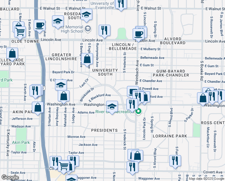 map of restaurants, bars, coffee shops, grocery stores, and more near 825-837 South Norman Avenue in Evansville