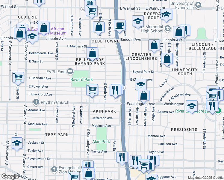 map of restaurants, bars, coffee shops, grocery stores, and more near 1120 East Powell Avenue in Evansville