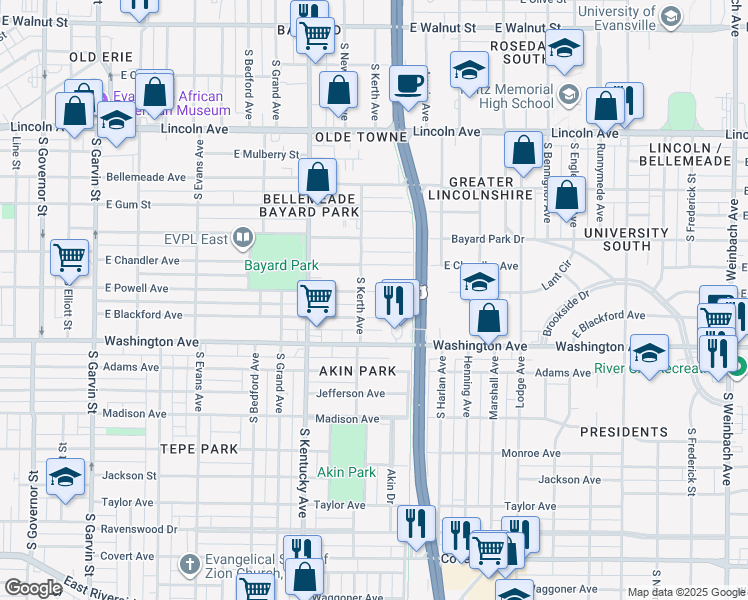 map of restaurants, bars, coffee shops, grocery stores, and more near 1120 East Powell Avenue in Evansville