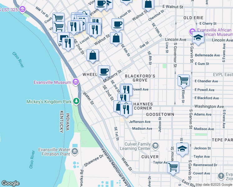 map of restaurants, bars, coffee shops, grocery stores, and more near 704 Southeast 3rd Street in Evansville