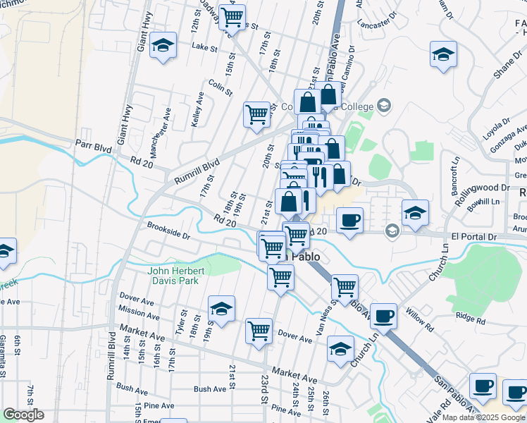 map of restaurants, bars, coffee shops, grocery stores, and more near 2099 Lovegrove Street in San Pablo