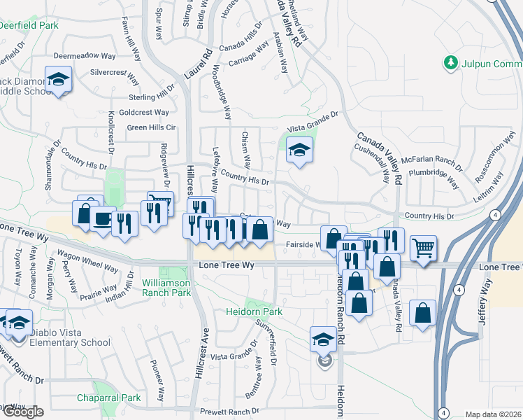 map of restaurants, bars, coffee shops, grocery stores, and more near 5112 Longdale Court in Antioch