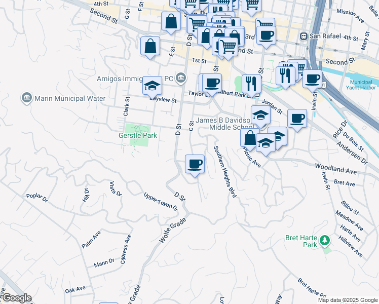 map of restaurants, bars, coffee shops, grocery stores, and more near 217 C Street in San Rafael