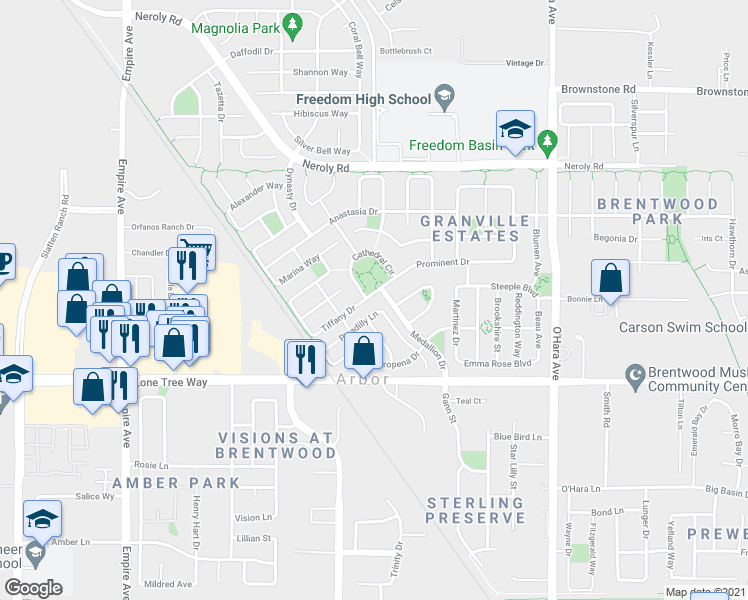 map of restaurants, bars, coffee shops, grocery stores, and more near 1336 Tiffany Drive in Brentwood