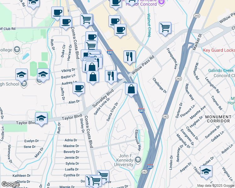 map of restaurants, bars, coffee shops, grocery stores, and more near 909 Santa Lucia Drive in Pleasant Hill