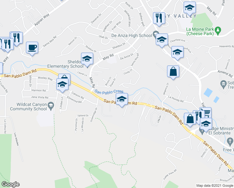map of restaurants, bars, coffee shops, grocery stores, and more near 130 Creekside Court in El Sobrante