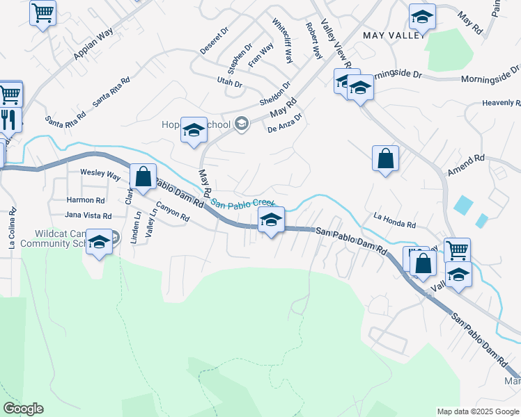 map of restaurants, bars, coffee shops, grocery stores, and more near 130 Creekside Court in El Sobrante
