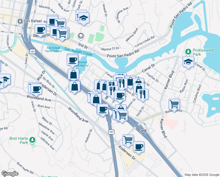map of restaurants, bars, coffee shops, grocery stores, and more near 49 Medway Road in San Rafael