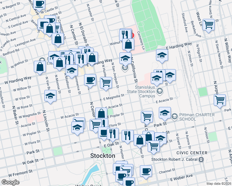 map of restaurants, bars, coffee shops, grocery stores, and more near 312 East Rose Street in Stockton