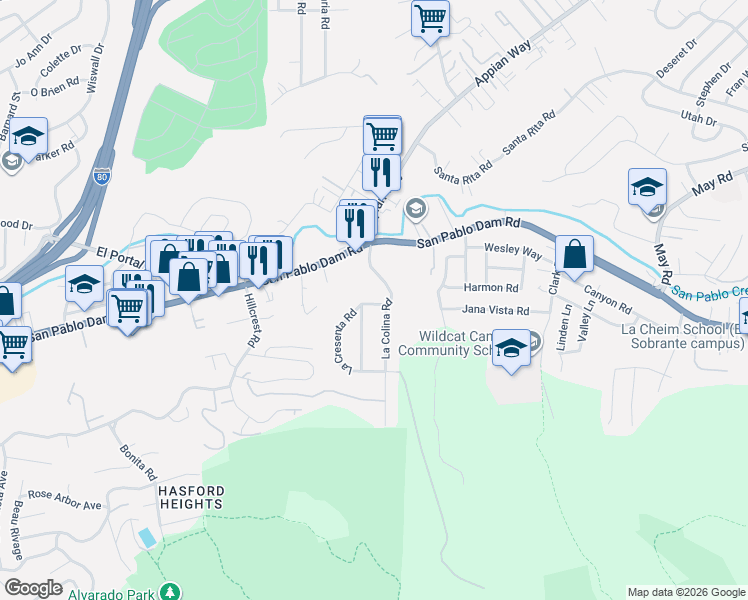 map of restaurants, bars, coffee shops, grocery stores, and more near 3979 La Crescenta Road in El Sobrante