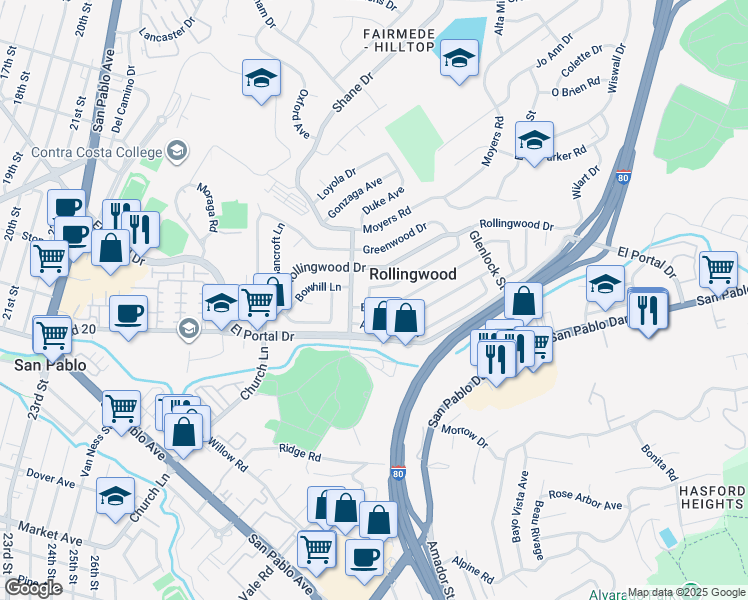 map of restaurants, bars, coffee shops, grocery stores, and more near 2810 Devon Way in San Pablo