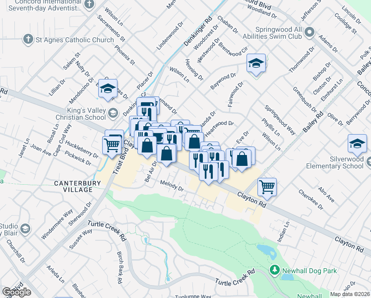 map of restaurants, bars, coffee shops, grocery stores, and more near 4463 Clayton Road in Concord