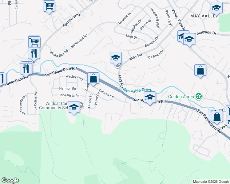 map of restaurants, bars, coffee shops, grocery stores, and more near 4706 San Pablo Dam Road in El Sobrante