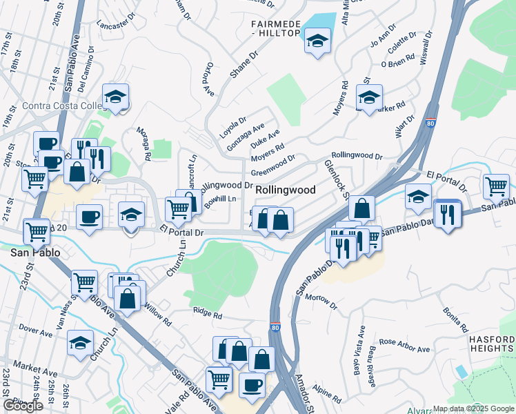 map of restaurants, bars, coffee shops, grocery stores, and more near 2810 Devon Way in San Pablo