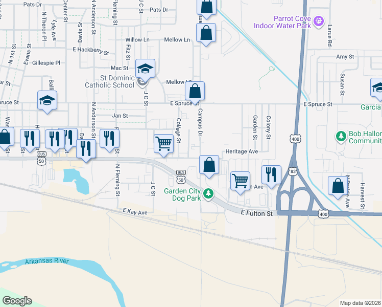 map of restaurants, bars, coffee shops, grocery stores, and more near 207 N Campus Dr in Garden City