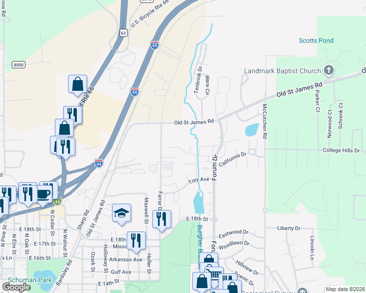 map of restaurants, bars, coffee shops, grocery stores, and more near 2008 Holt Avenue in Rolla