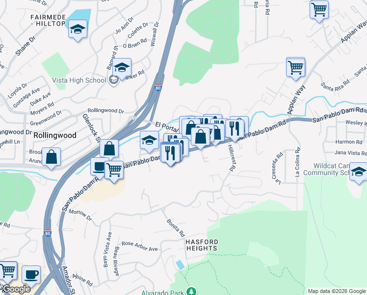 map of restaurants, bars, coffee shops, grocery stores, and more near 3535 El Portal Drive in Richmond